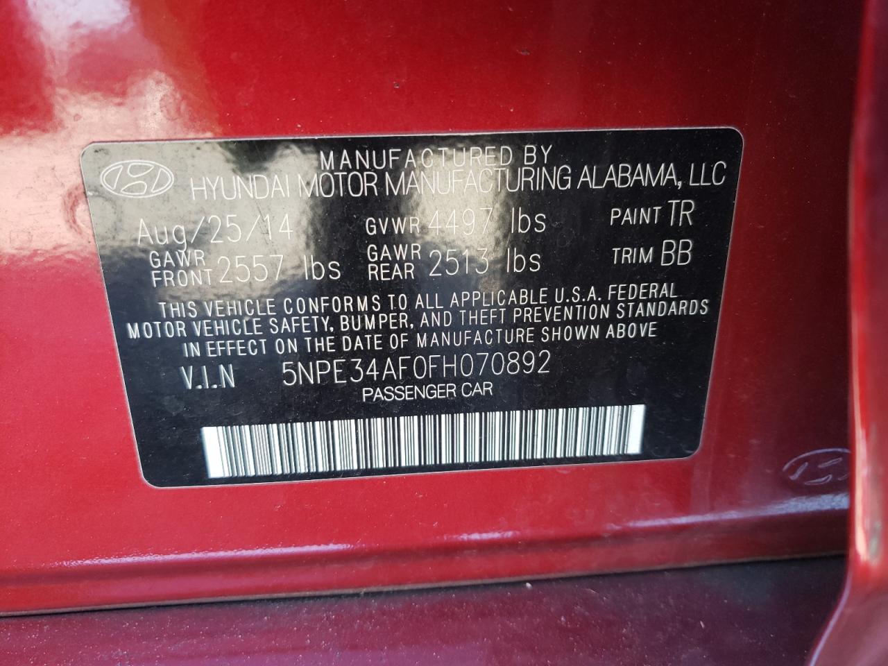 Photo 10 from auction – 2015 HYUNDAI SONATA SPO with VIN 5NPE34AF0FH070892