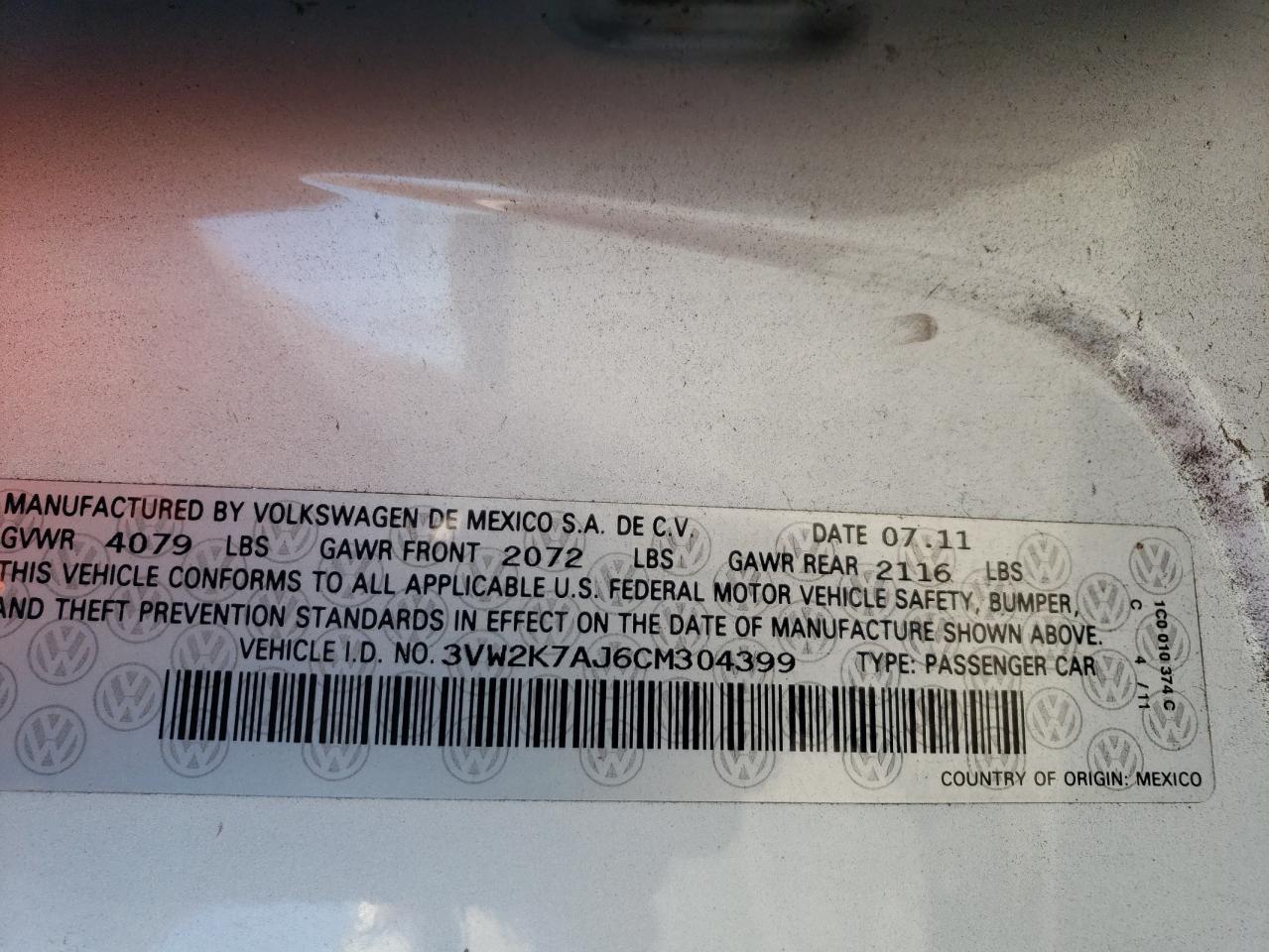 Photo 10 from auction – 2012 VOLKSWAGEN JETTA BASE with VIN 3VW2K7AJ6CM304399