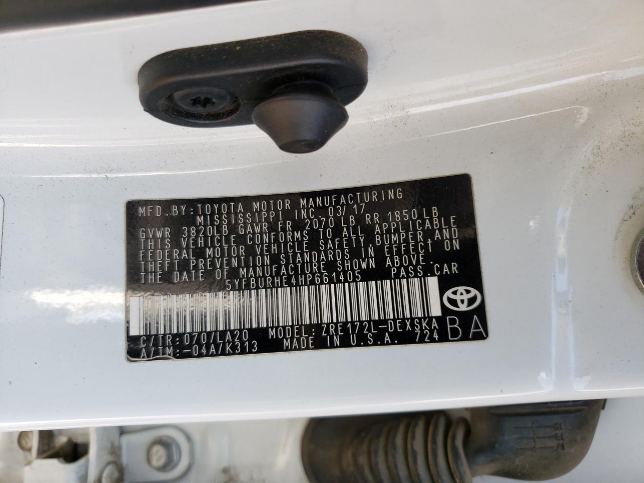Photo 10 from auction – 2017 TOYOTA COROLLA L with VIN 5YFBURHE4HP661405