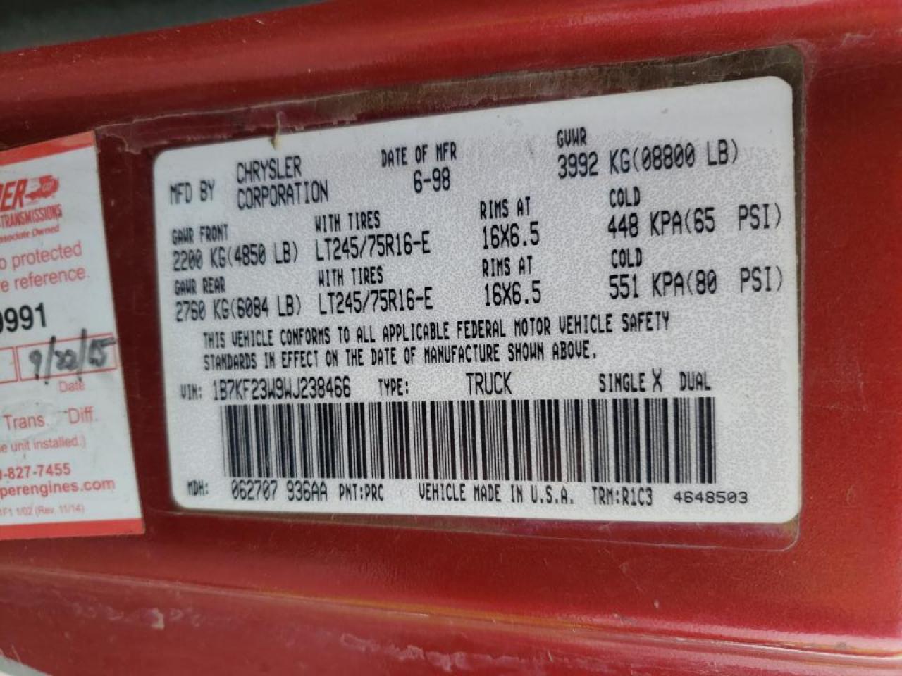 Photo 10 from auction – 1998 DODGE RAM 2500 with VIN 1B7KF23W9WJ238466