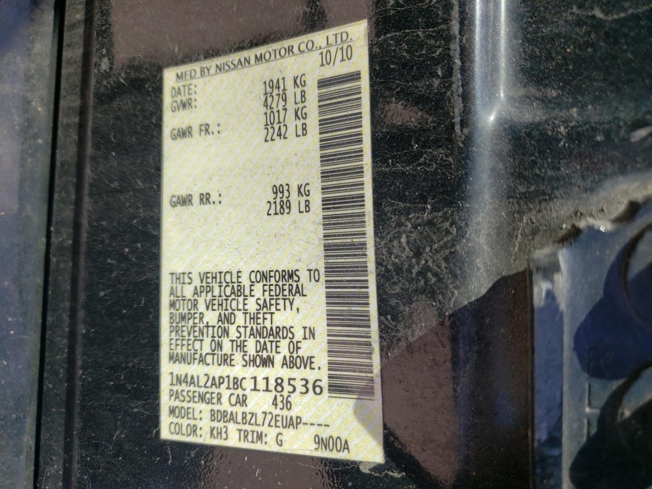 Photo 10 from auction – 2011 NISSAN ALTIMA BAS with VIN 1N4AL2AP1BC118536