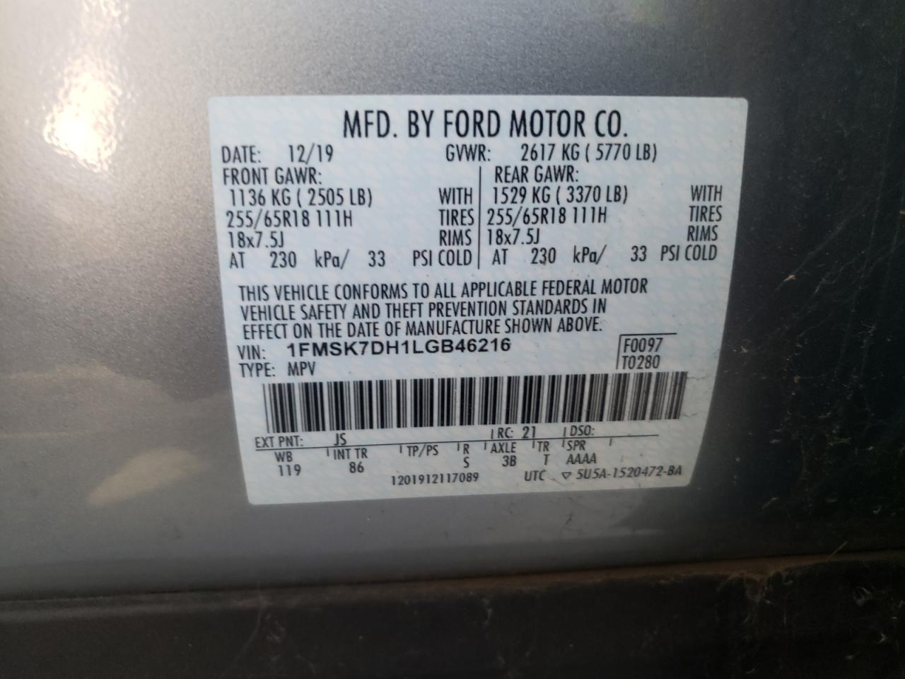 Photo 10 from auction – 2020 FORD EXPLORER X with VIN 1FMSK7DH1LGB46216