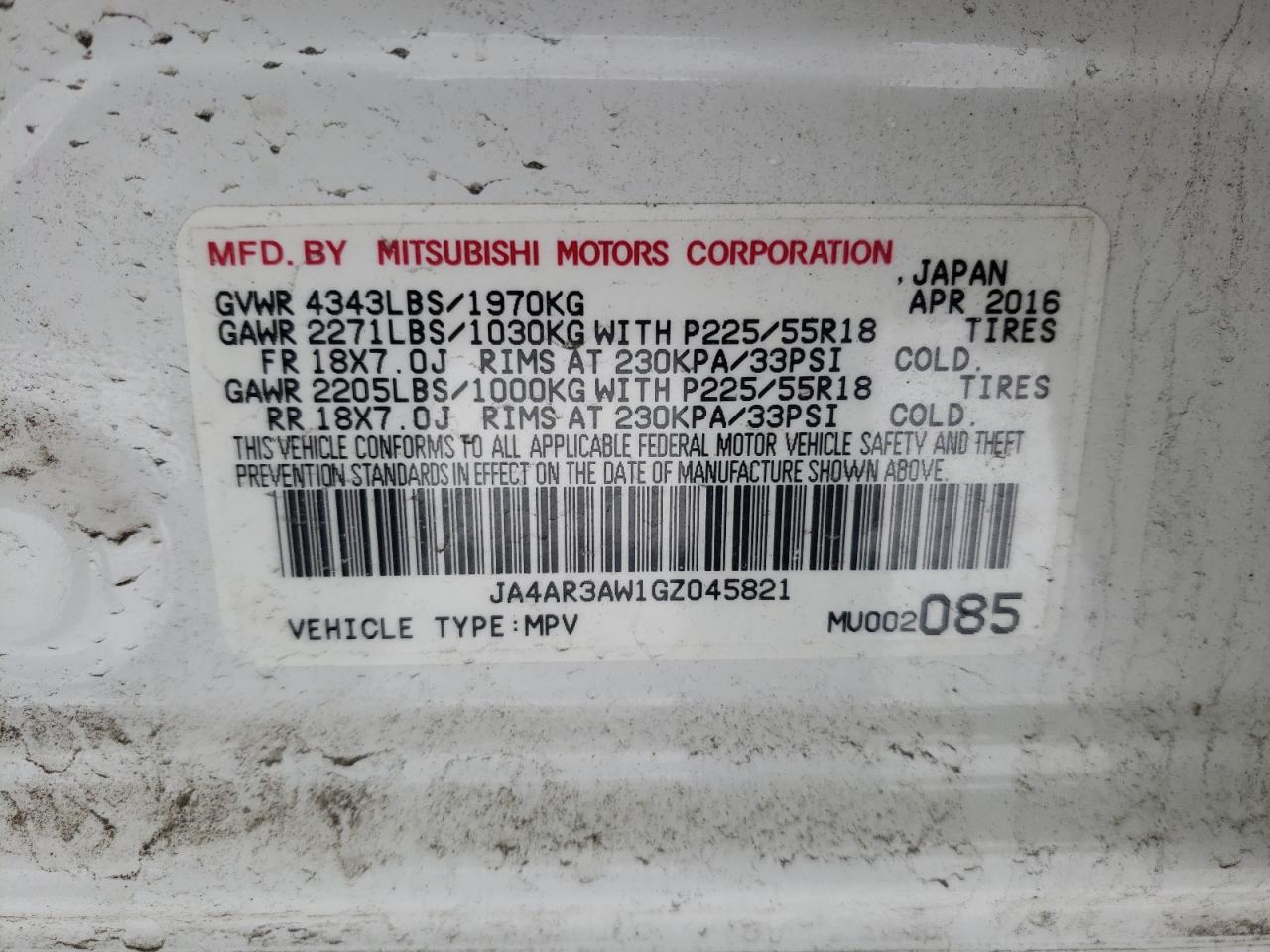 Photo 10 from auction – 2016 MITSUBISHI OUTLANDER with VIN JA4AR3AW1GZ045821