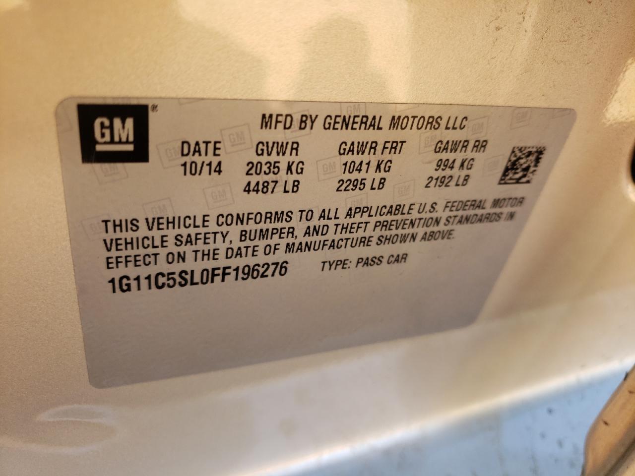 Photo 10 from auction – 2015 CHEVROLET MALIBU 1LT with VIN 1G11C5SL0FF196276