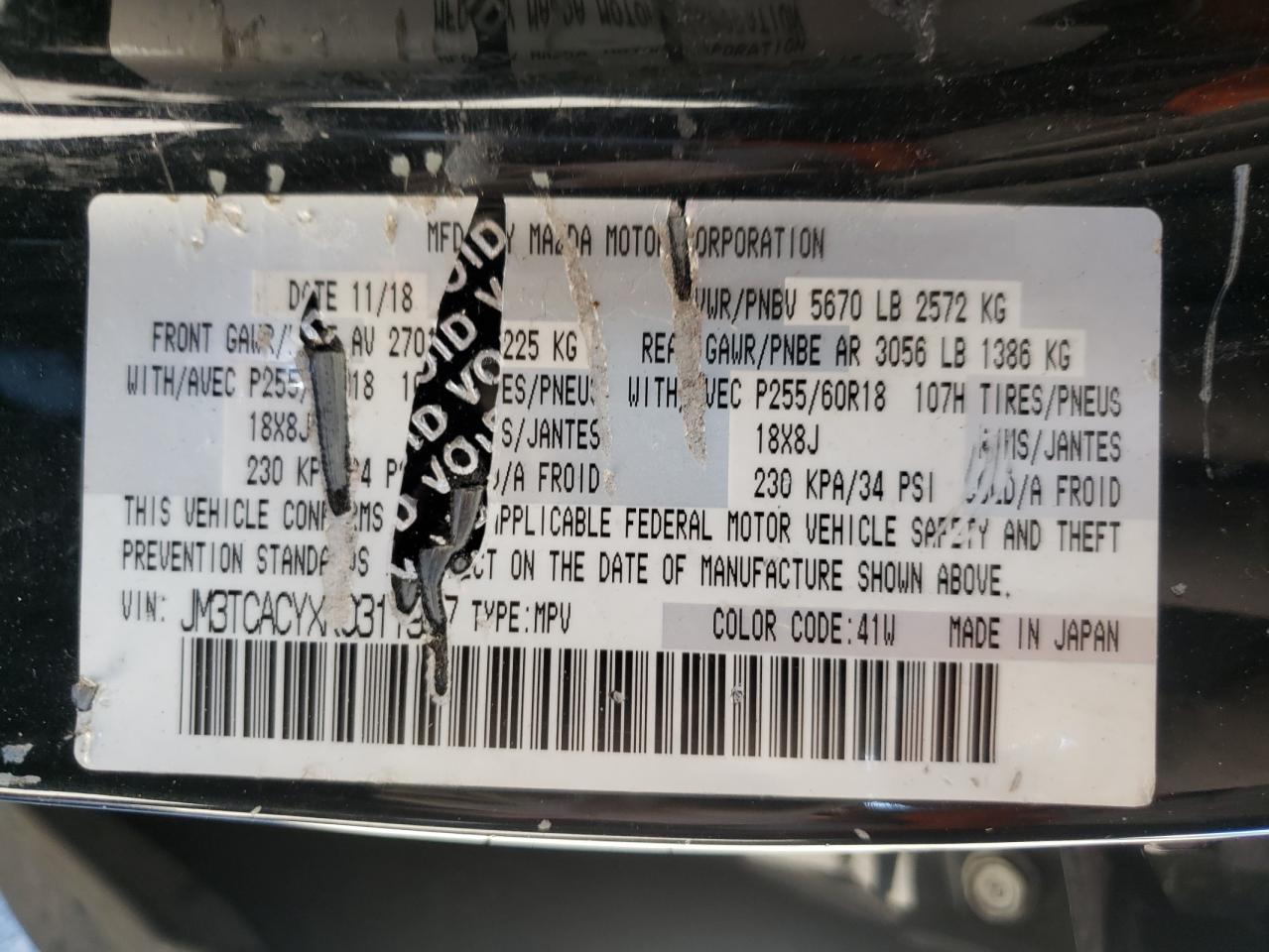 Photo 10 from auction – 2019 MAZDA CX-9 TOURI with VIN JM3TCACYXK0311957