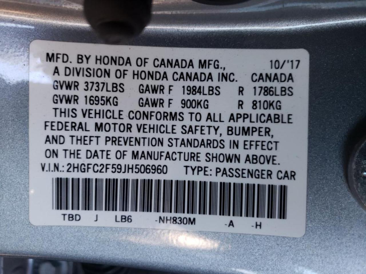 Photo 10 from auction – 2018 HONDA CIVIC LX with VIN 2HGFC2F59JH506960
