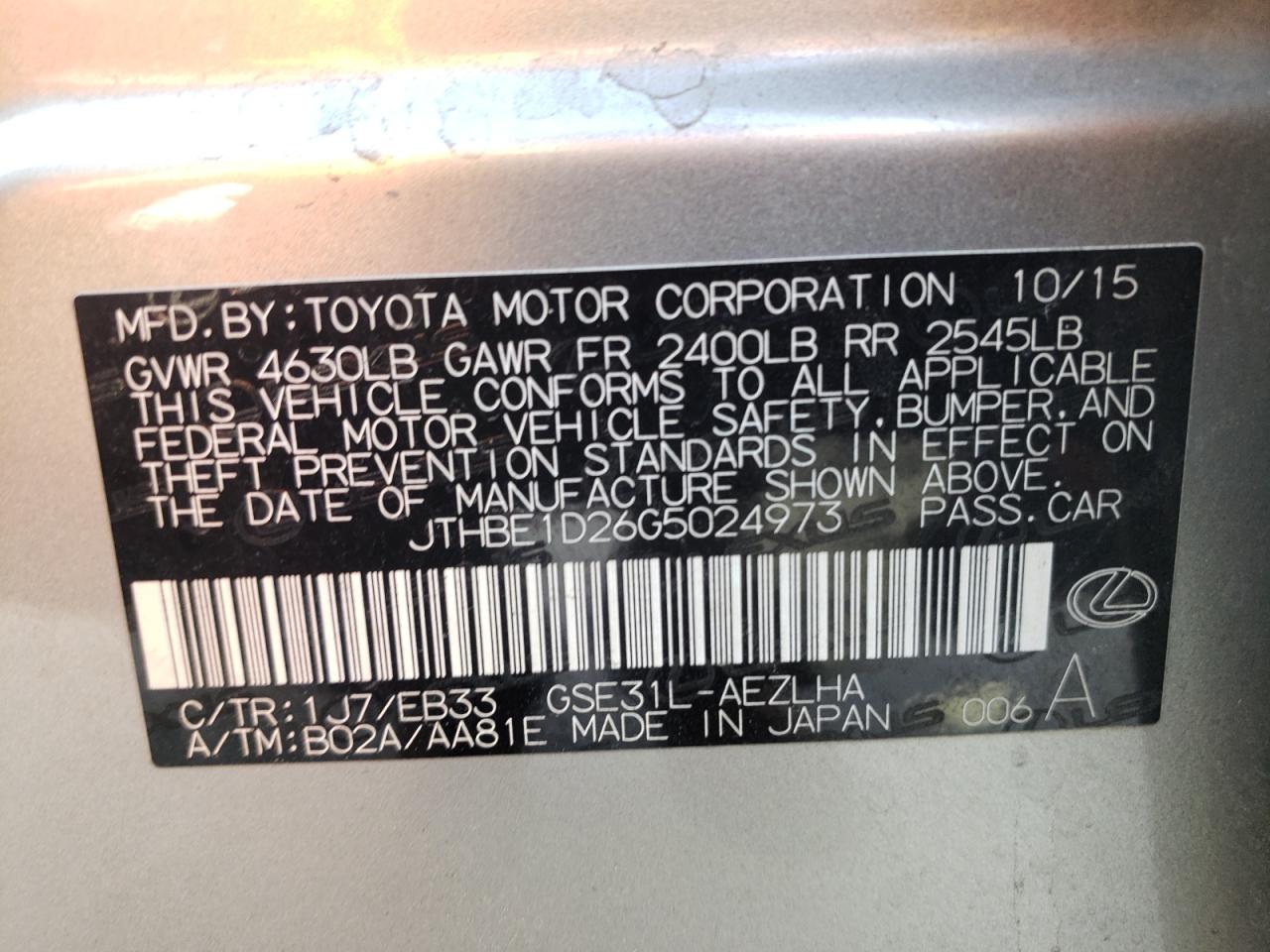 Photo 10 from auction – 2016 LEXUS IS 350 with VIN JTHBE1D26G5024973