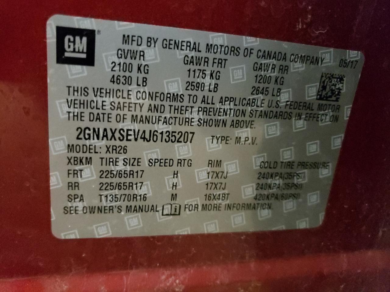 Photo 10 from auction – 2018 CHEVROLET EQUINOX LT with VIN 2GNAXSEV4J6135207