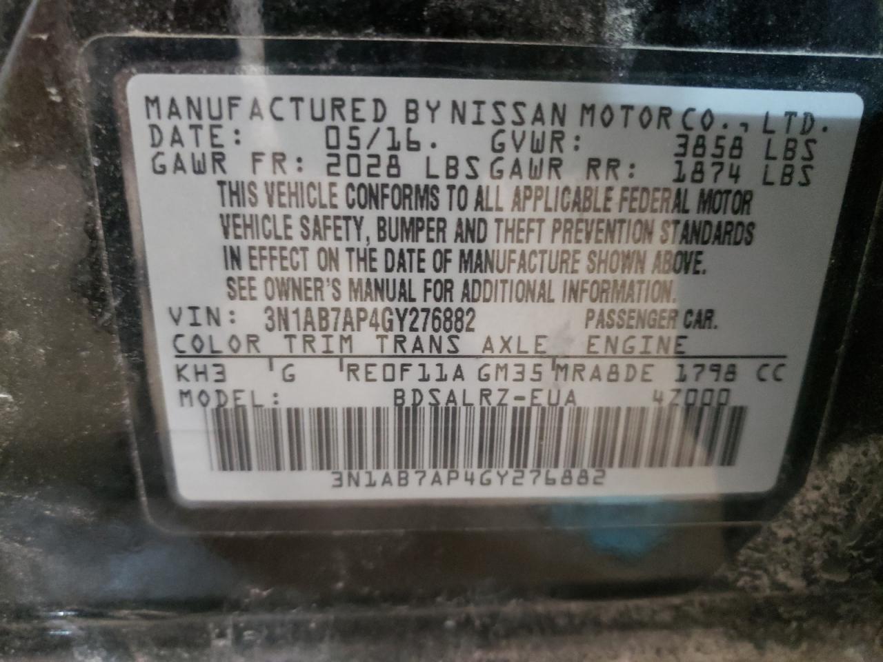 Photo 10 from auction – 2016 NISSAN SENTRA S with VIN 3N1AB7AP4GY276882