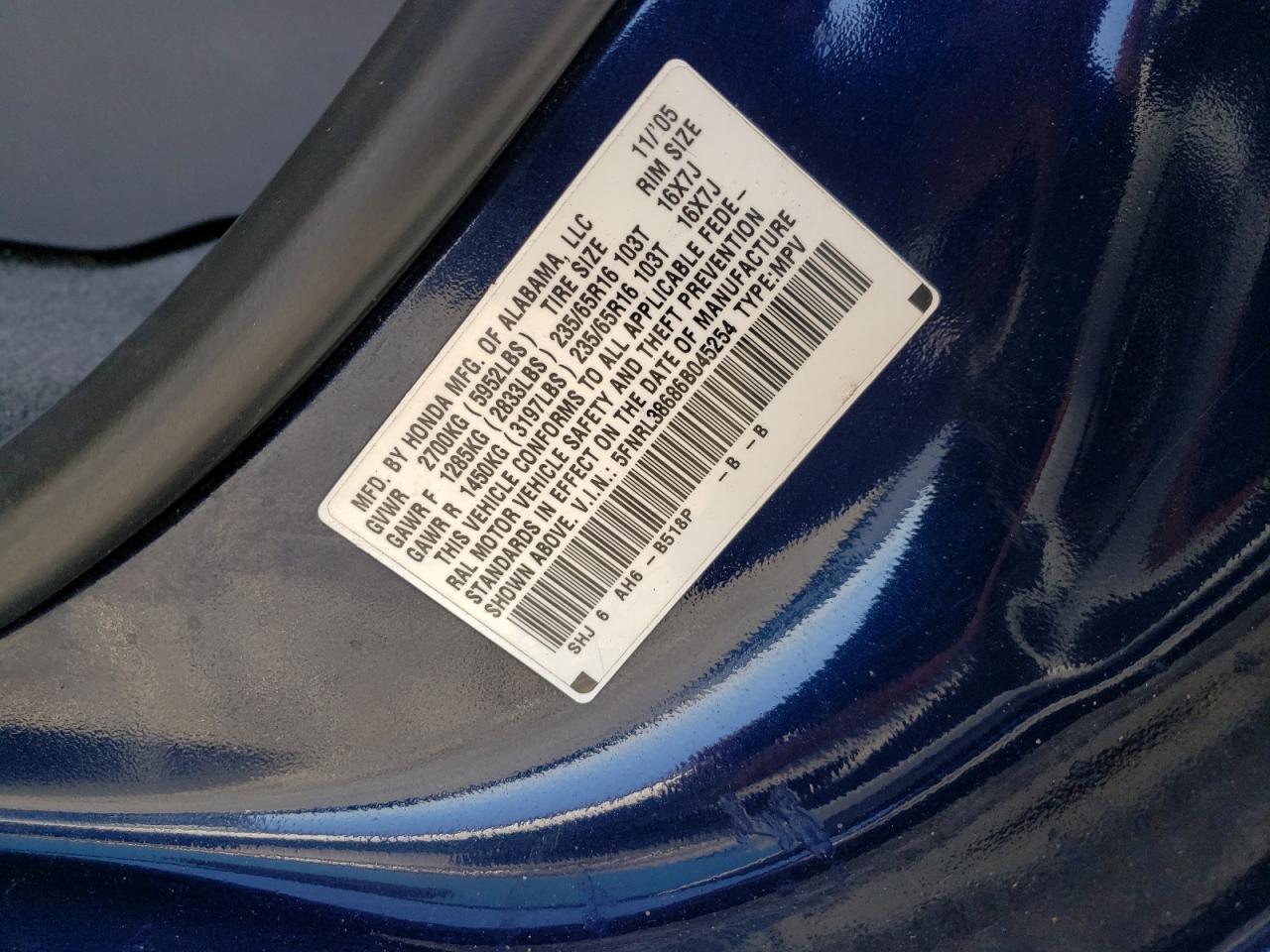 Photo 10 from auction – 2006 HONDA ODYSSEY EX with VIN 5FNRL38686B045254