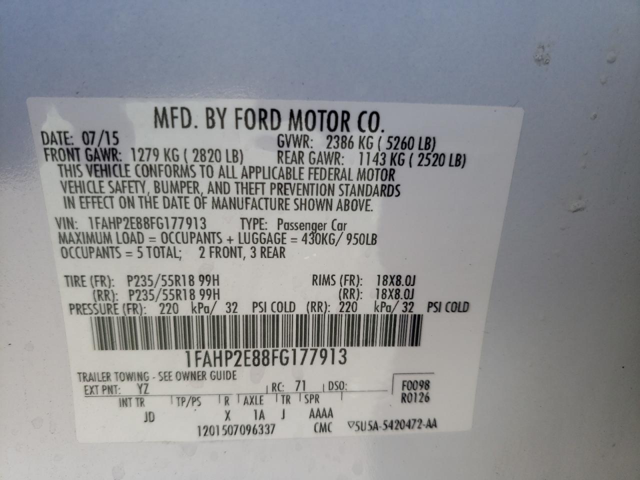 Photo 10 from auction – 2015 FORD TAURUS SEL with VIN 1FAHP2E88FG177913