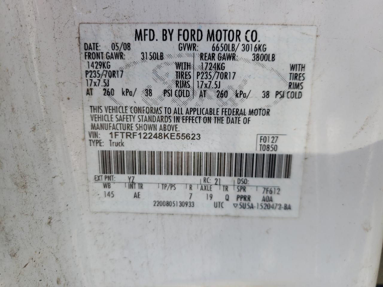 Photo 10 from auction – 2008 FORD F150 with VIN 1FTRF12248KE55623