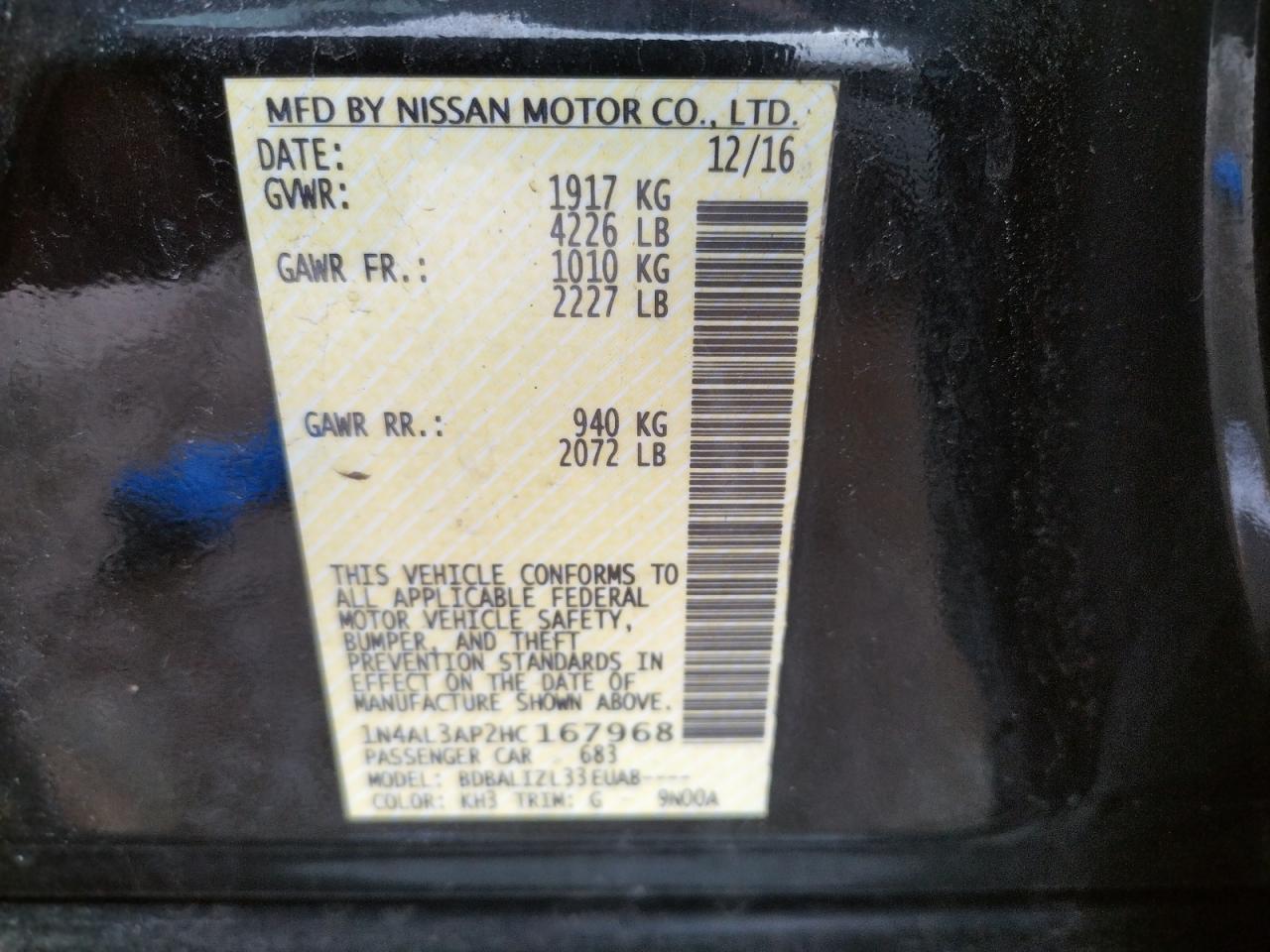 Photo 10 from auction – 2017 NISSAN ALTIMA 2.5 with VIN 1N4AL3AP2HC167968