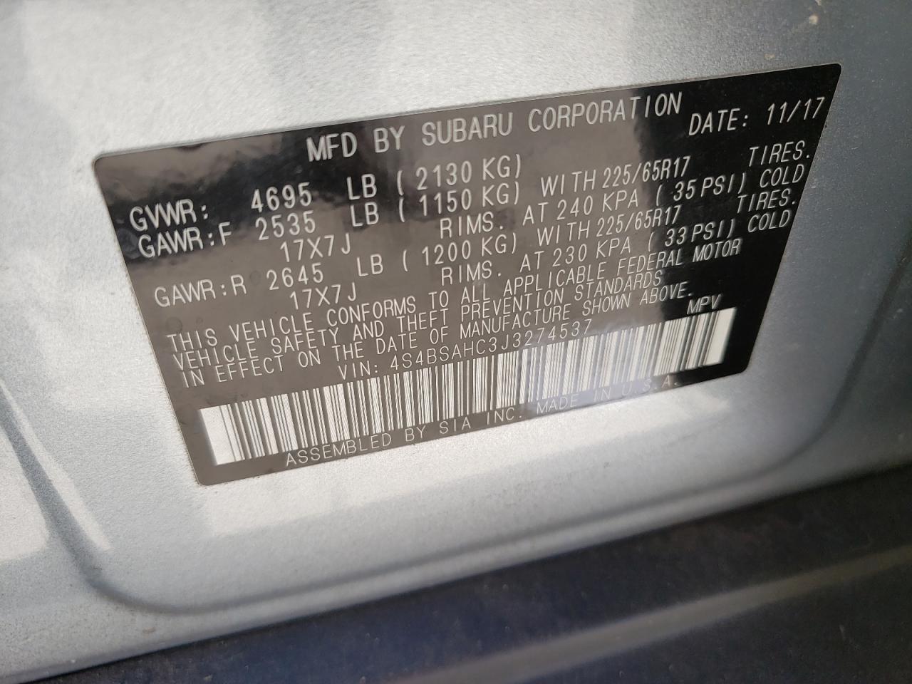 Photo 10 from auction – 2018 SUBARU OUTBACK 2. with VIN 4S4BSAHC3J3274537