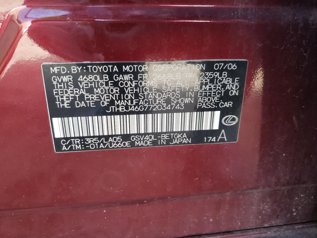 Фото 10 с аукциона – 2007 LEXUS ES 350 с VIN JTHBJ46G772034743