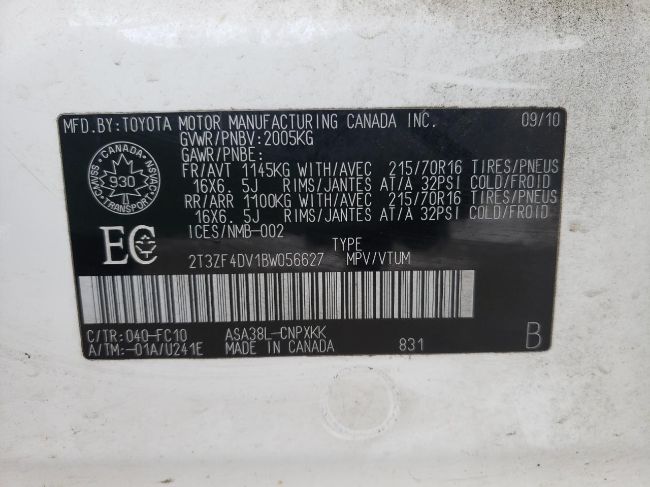 Photo 10 from auction – 2011 TOYOTA RAV4 with VIN 2T3ZF4DV1BW056627