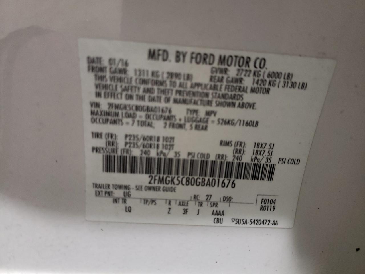 Photo 10 from auction – 2016 FORD FLEX SEL with VIN 2FMGK5C80GBA01676