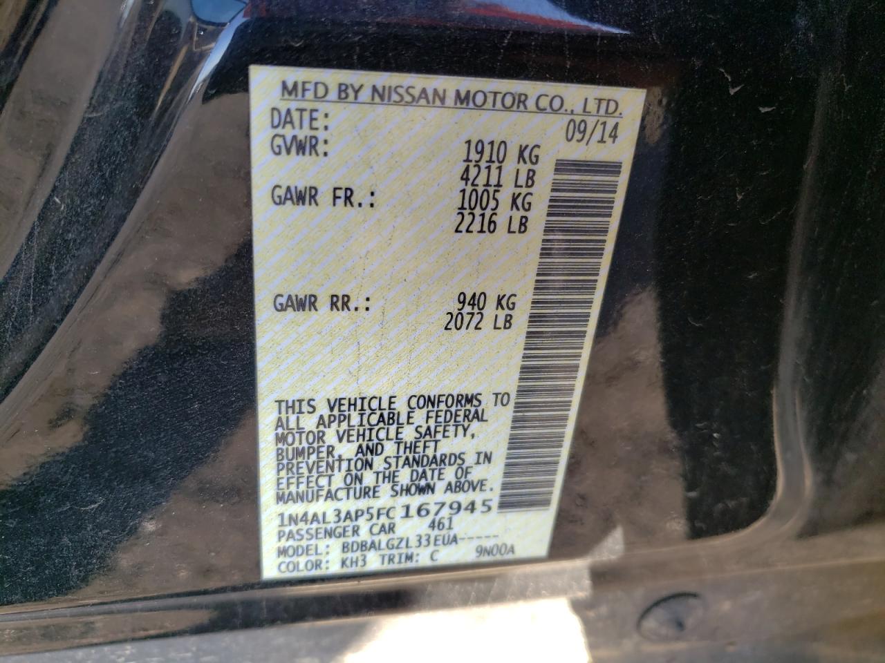 Photo 10 from auction – 2015 NISSAN ALTIMA 2.5 with VIN 1N4AL3AP5FC167945