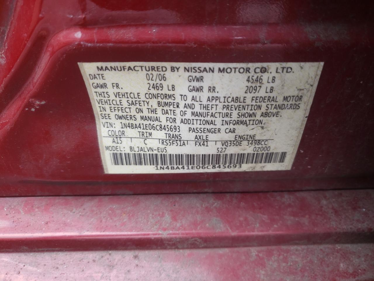 Photo 10 from auction – 2006 NISSAN MAXIMA with VIN 1N4BA41E06C845693