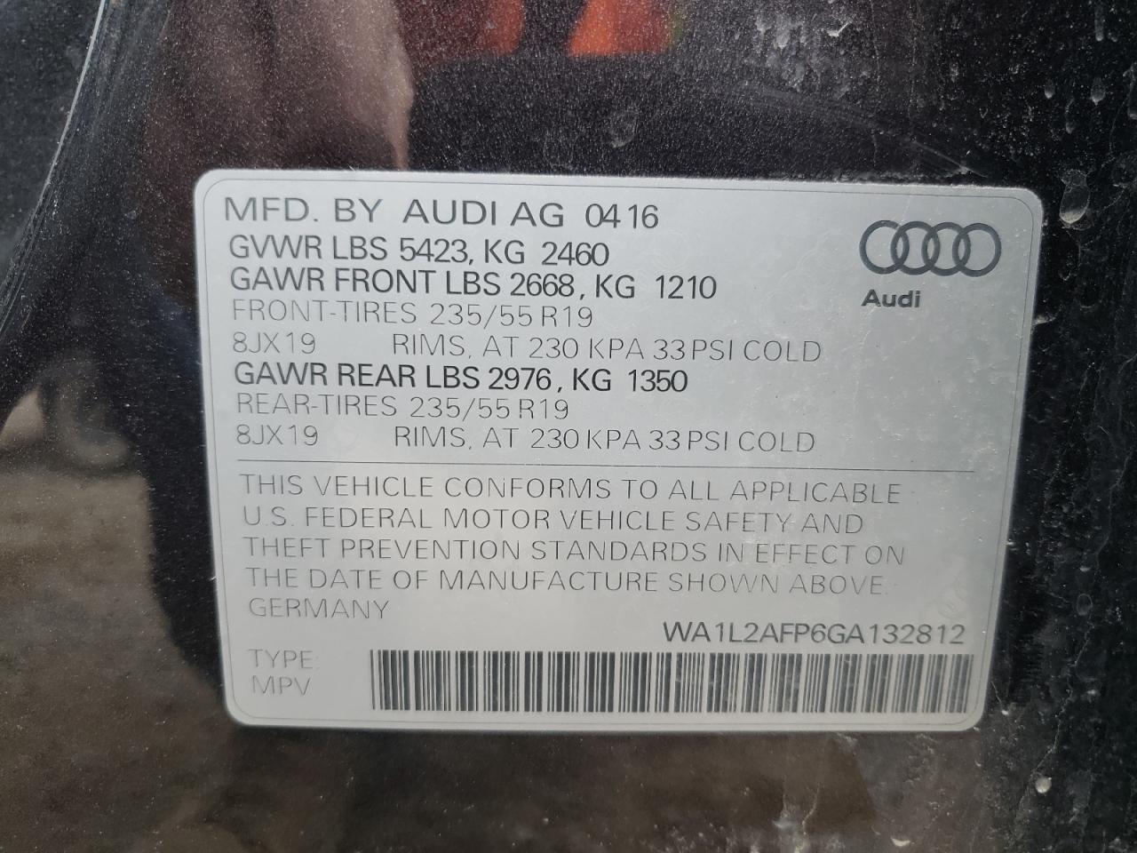 Photo 10 from auction – 2016 AUDI Q5 PREMIUM with VIN WA1L2AFP6GA132812