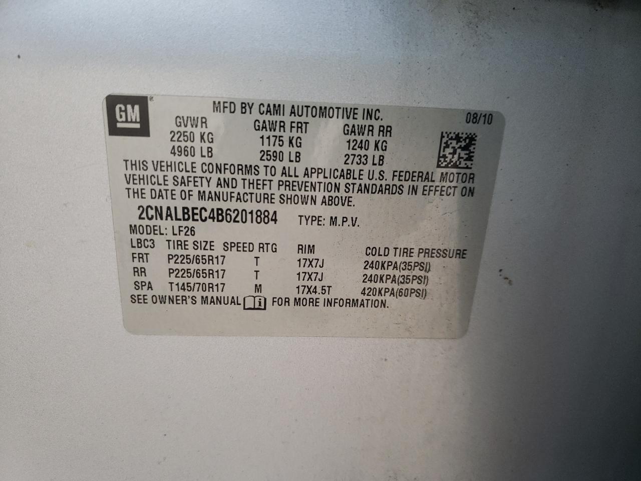 Photo 10 from auction – 2011 CHEVROLET EQUINOX LS with VIN 2CNALBEC4B6201884