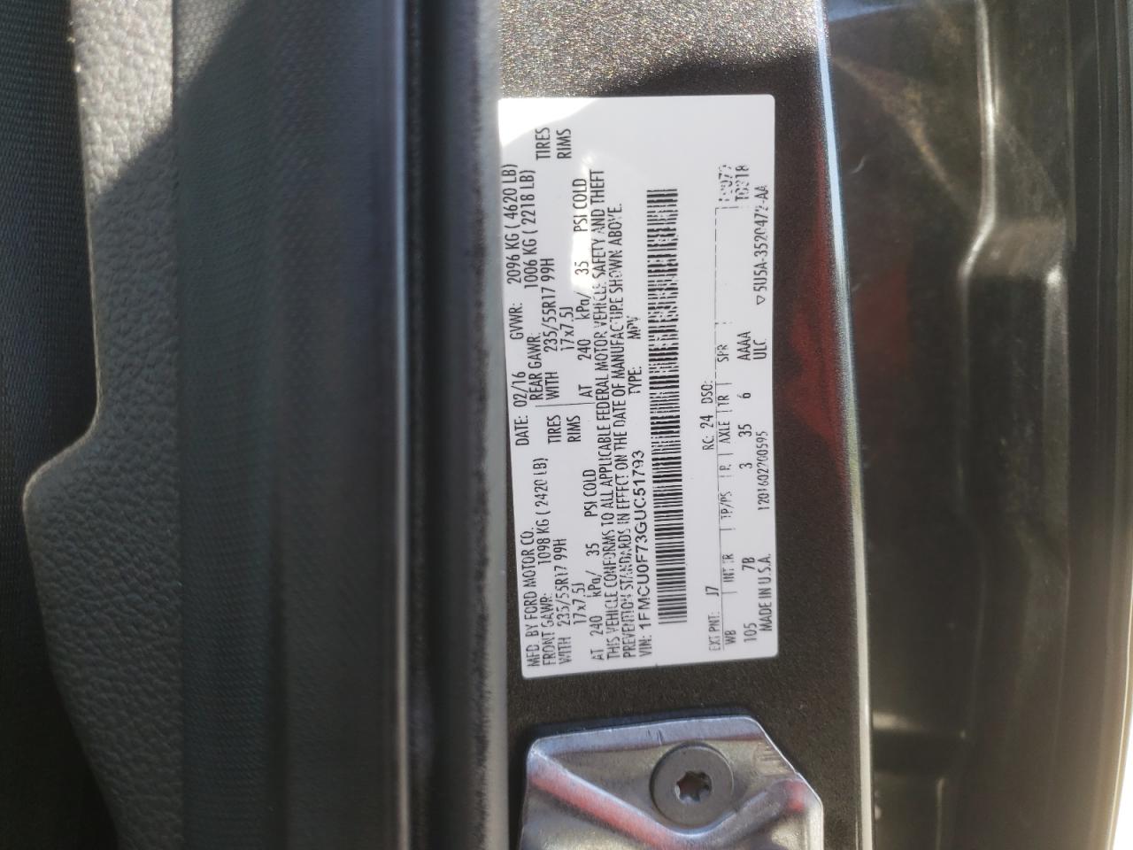 Photo 10 from auction – 2016 FORD ESCAPE S with VIN 1FMCU0F73GUC51793