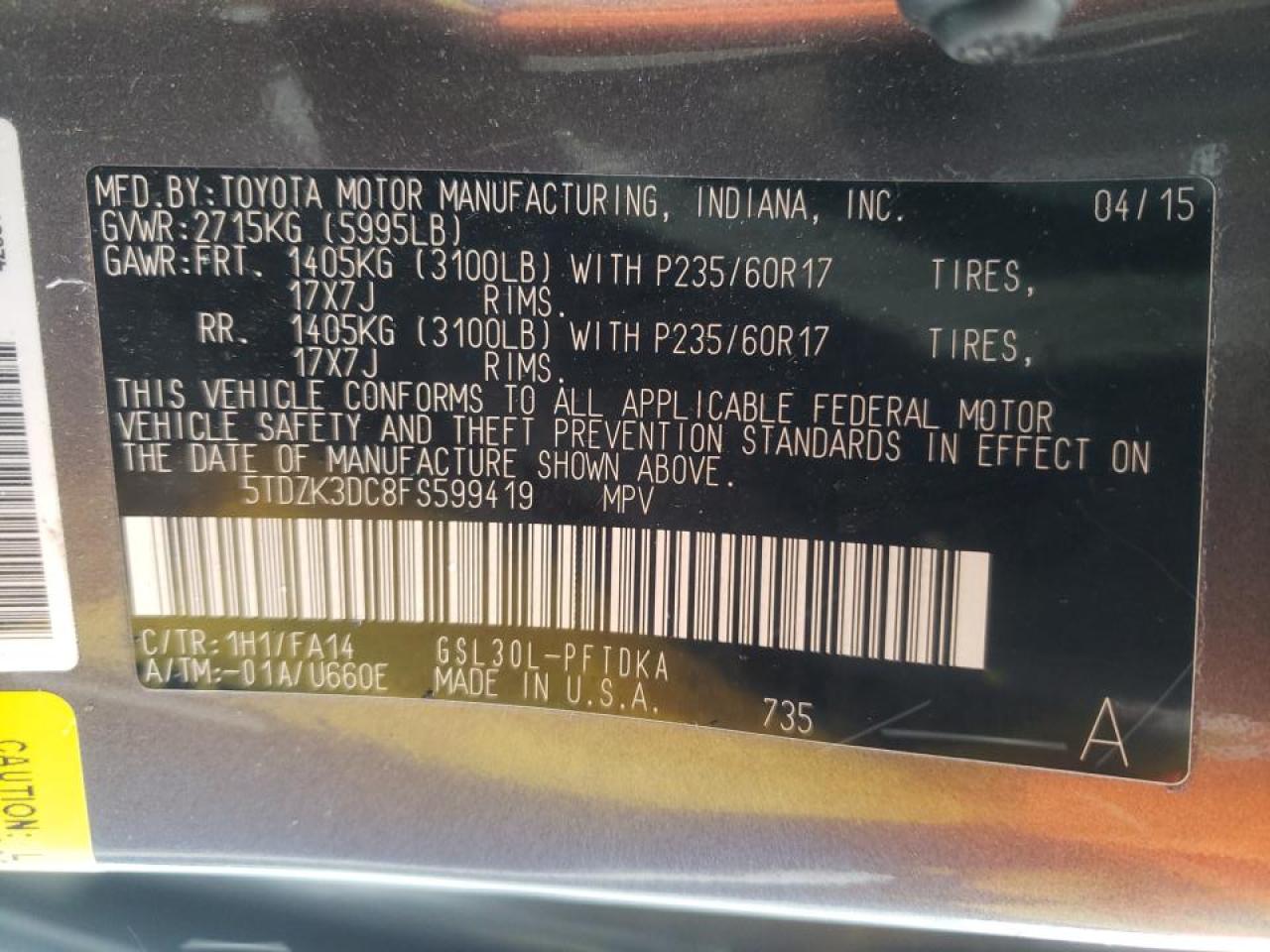 Photo 10 from auction – 2015 TOYOTA SIENNA with VIN 5TDZK3DC8FS599419