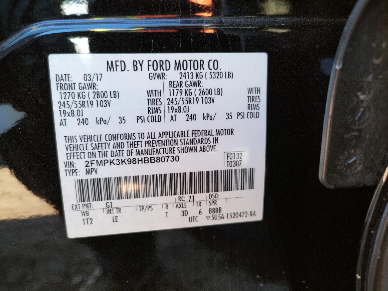 Photo 10 from auction – 2017 FORD EDGE TITAN with VIN 2FMPK3K98HBB80730