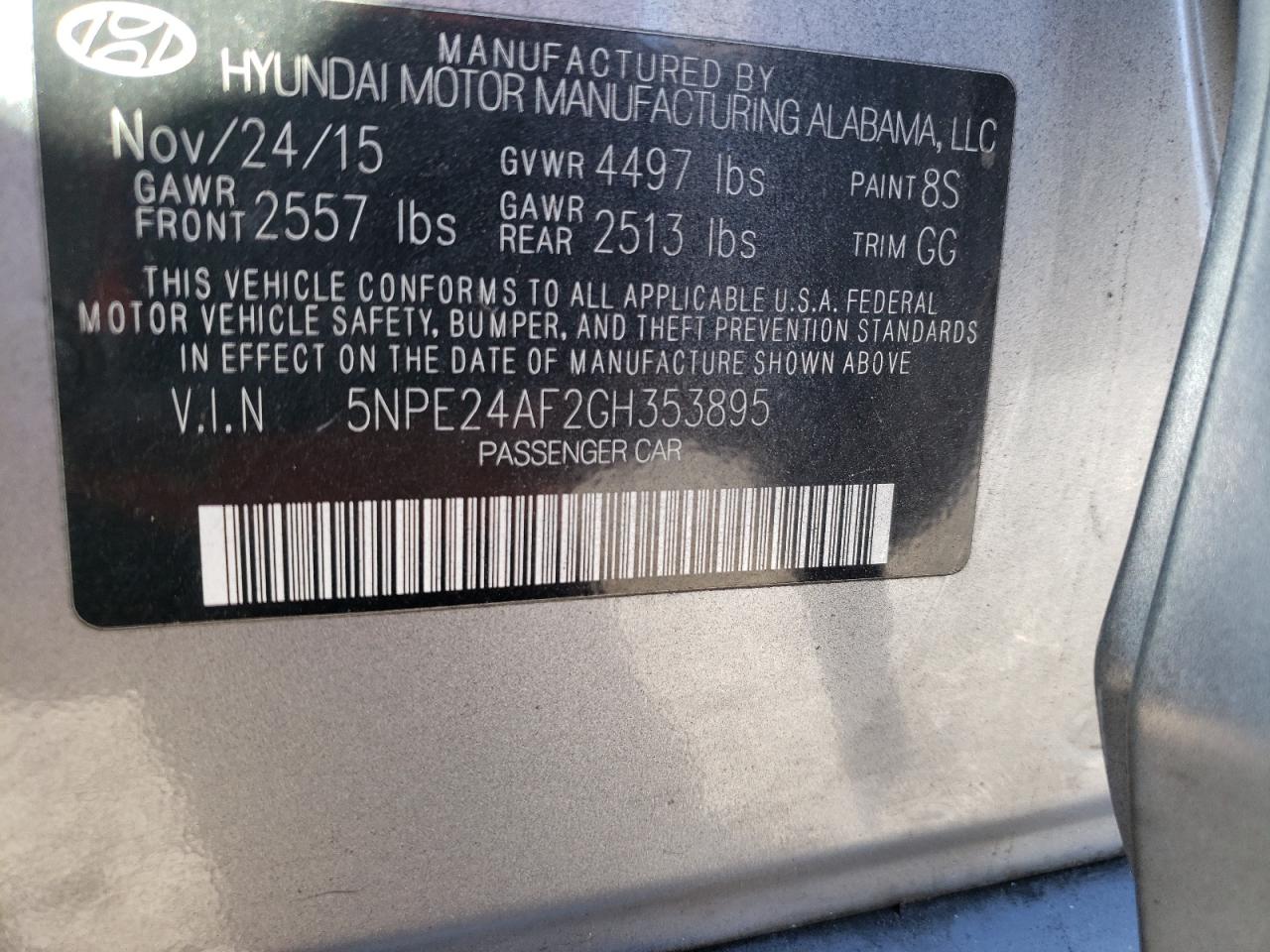 Photo 10 from auction – 2016 HYUNDAI SONATA SE with VIN 5NPE24AF2GH353895