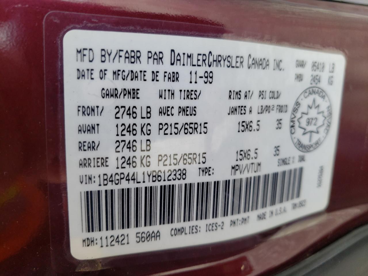 Photo 10 from auction – 2000 DODGE GRAND CARA with VIN 1B4GP44L1YB612338