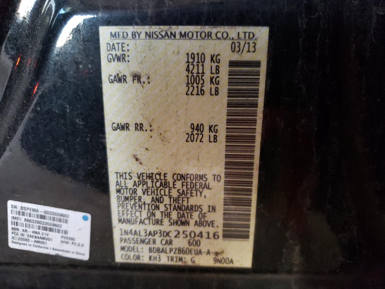 Photo 10 from auction – 2013 NISSAN ALTIMA 2.5 with VIN 1N4AL3AP3DC250416