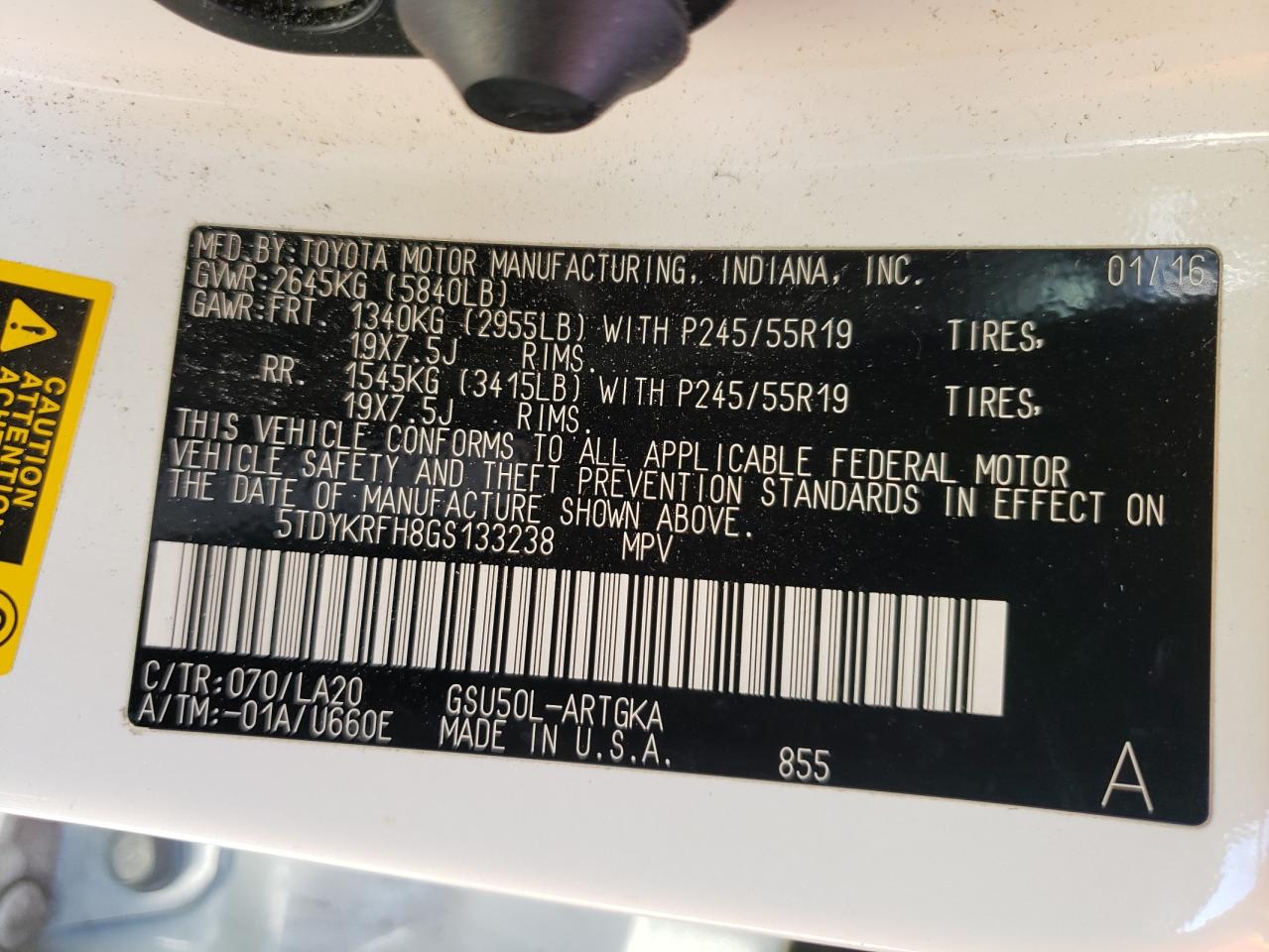 Photo 10 from auction – 2016 TOYOTA HIGHLANDER with VIN 5TDYKRFH8GS133238