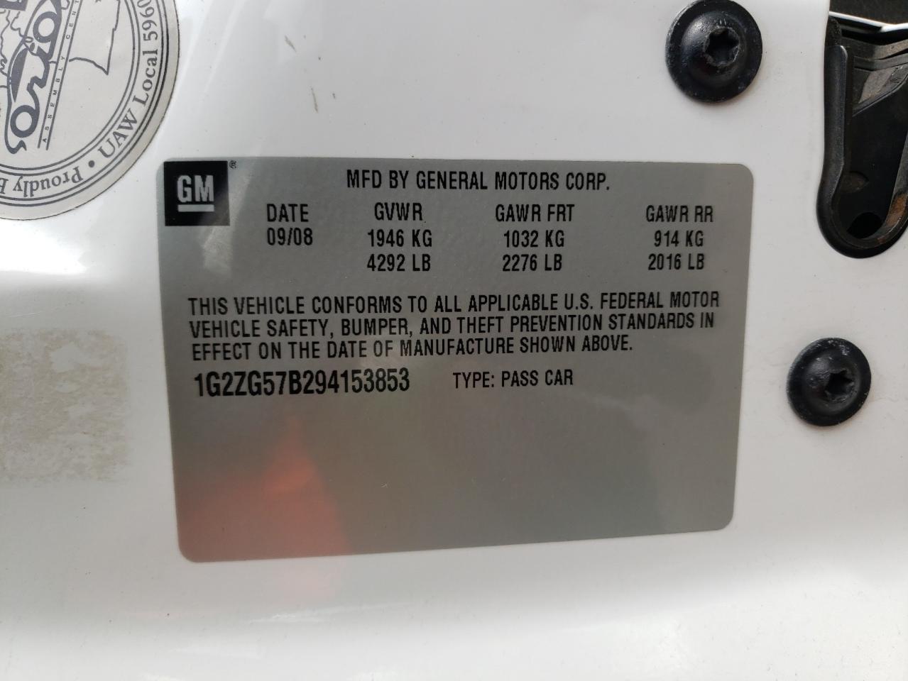 Photo 10 from auction – 2009 PONTIAC G6 with VIN 1G2ZG57B294153853