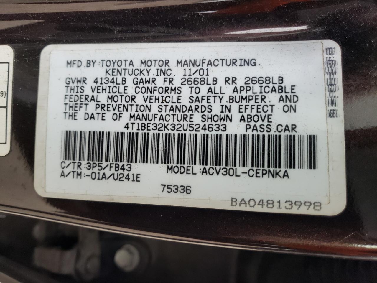 Photo 10 from auction – 2002 TOYOTA CAMRY LE with VIN 4T1BE32K32U524633