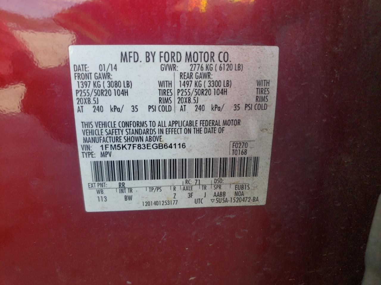 Photo 10 from auction – 2014 FORD EXPLORER L with VIN 1FM5K7F83EGB64116