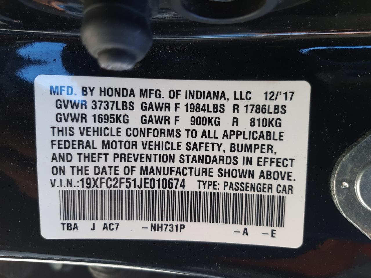 Photo 10 from auction – 2018 HONDA CIVIC LX with VIN 19XFC2F51JE010674