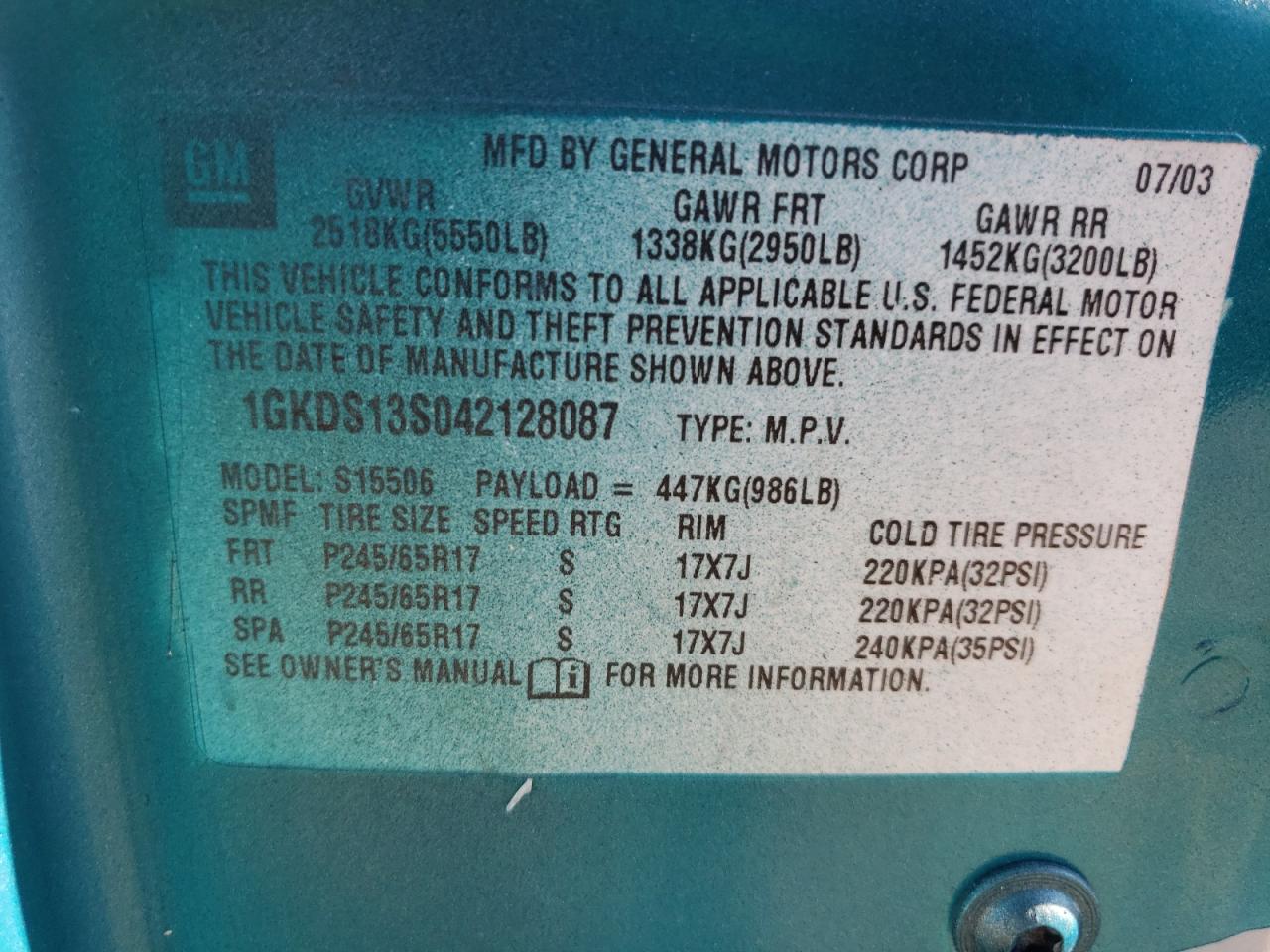 Photo 10 from auction – 2004 GMC ENVOY with VIN 1GKDS13S042128087