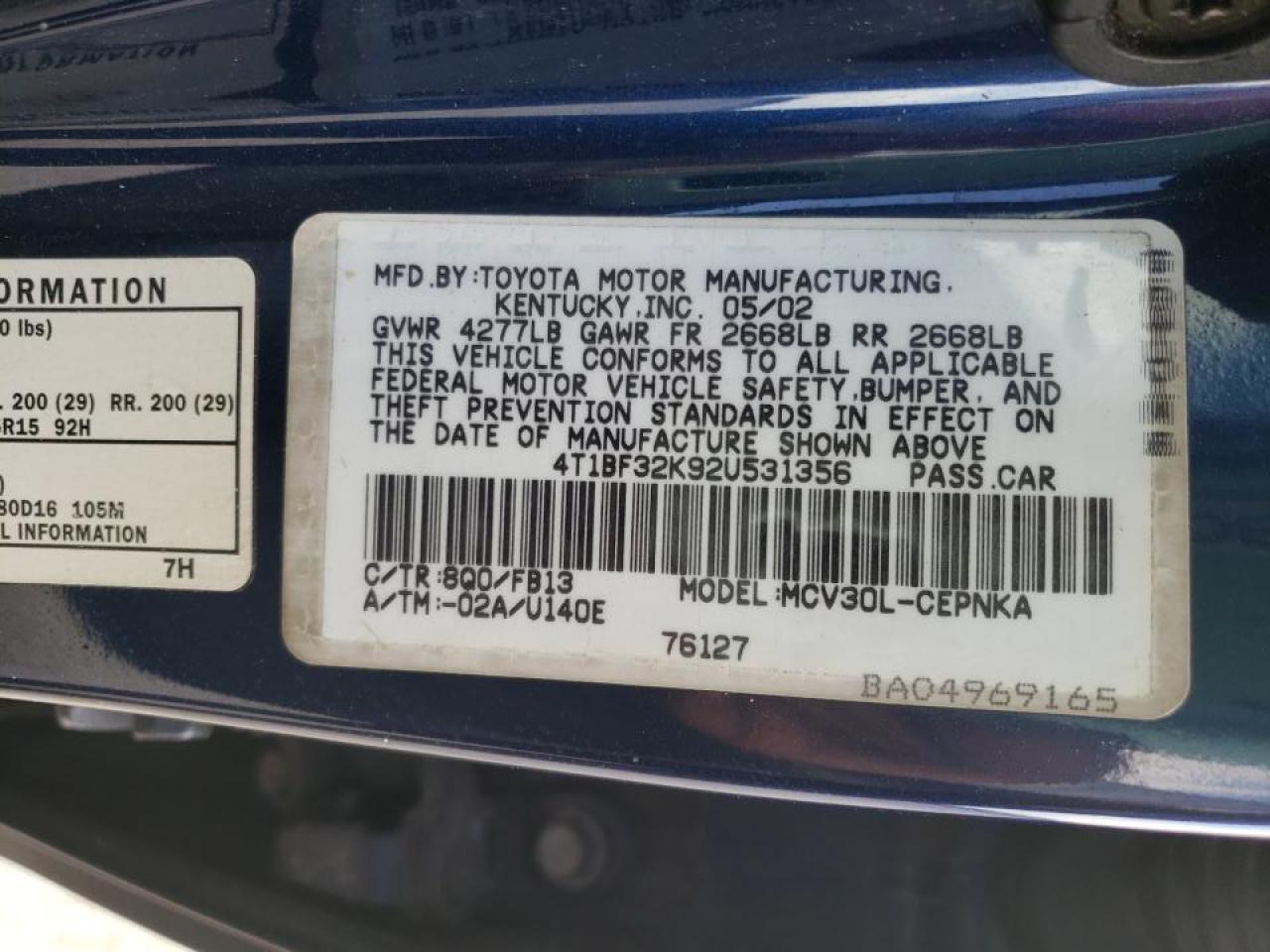 Photo 10 from auction – 2002 TOYOTA CAMRY LE with VIN 4T1BF32K92U531356
