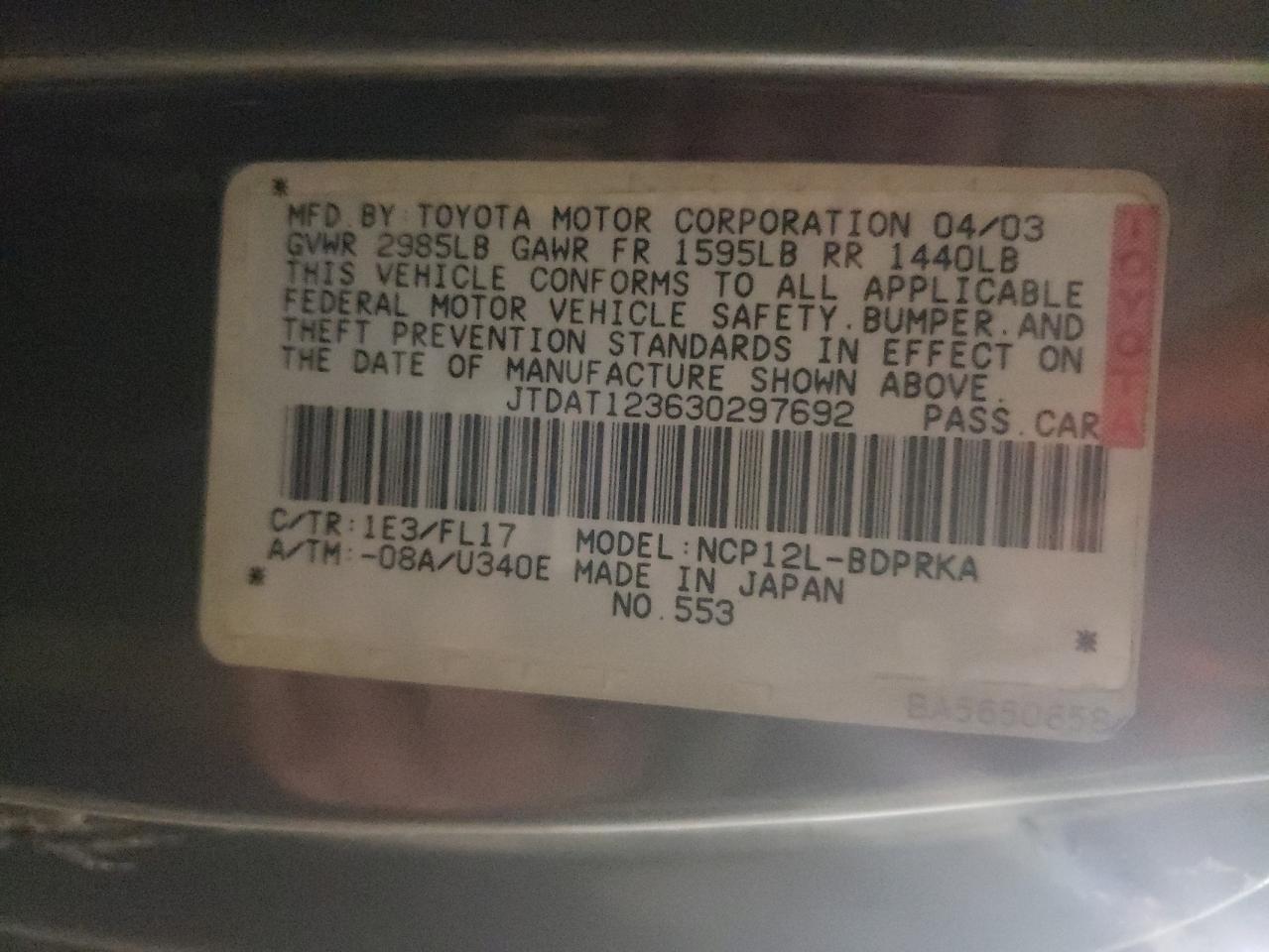 Photo 10 from auction – 2003 TOYOTA ECHO with VIN JTDAT123630297692