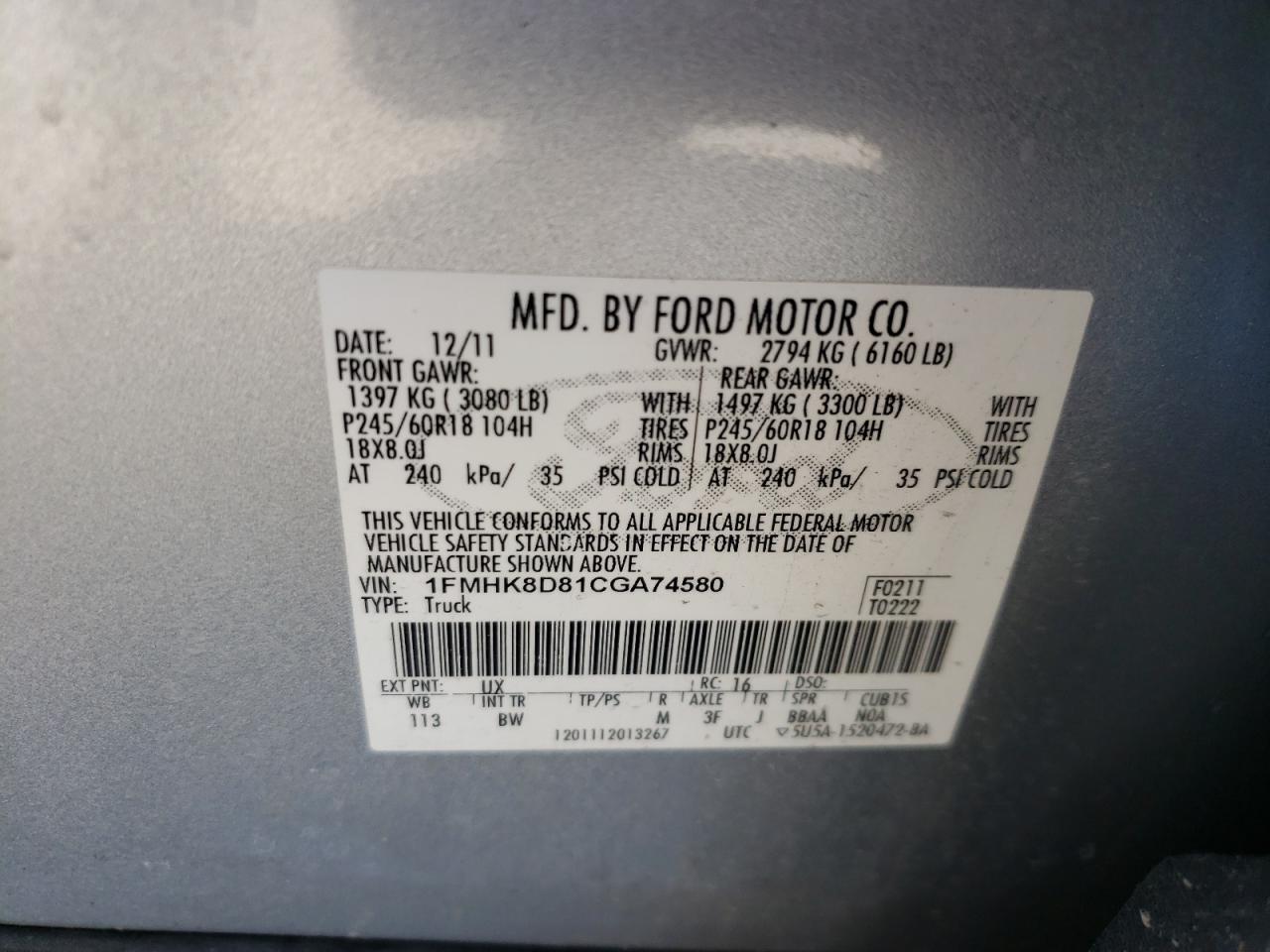 Photo 10 from auction – 2012 FORD EXPLORER X with VIN 1FMHK8D81CGA74580