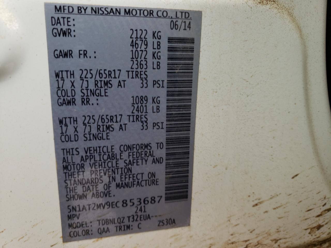 Photo 10 from auction – 2014 NISSAN ROGUE S with VIN 5N1AT2MV9EC853687
