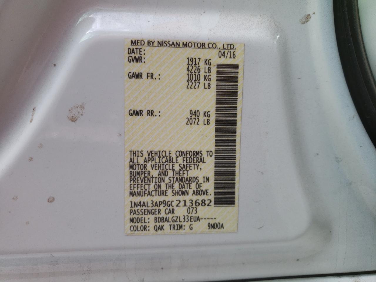 Photo 10 from auction – 2016 NISSAN ALTIMA 2.5 with VIN 1N4AL3AP9GC213682