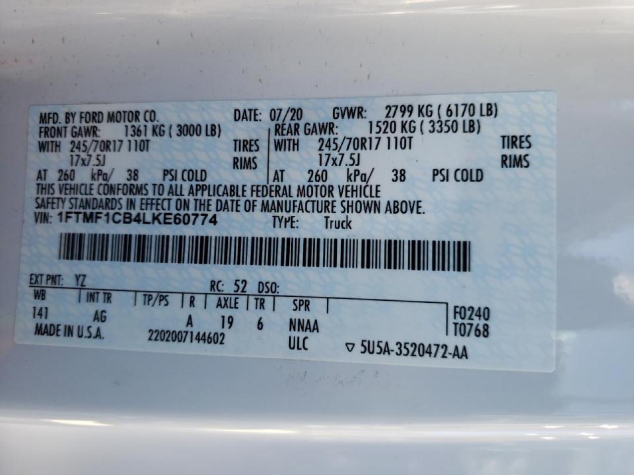 Photo 10 from auction – 2020 FORD F150 with VIN 1FTMF1CB4LKE60774