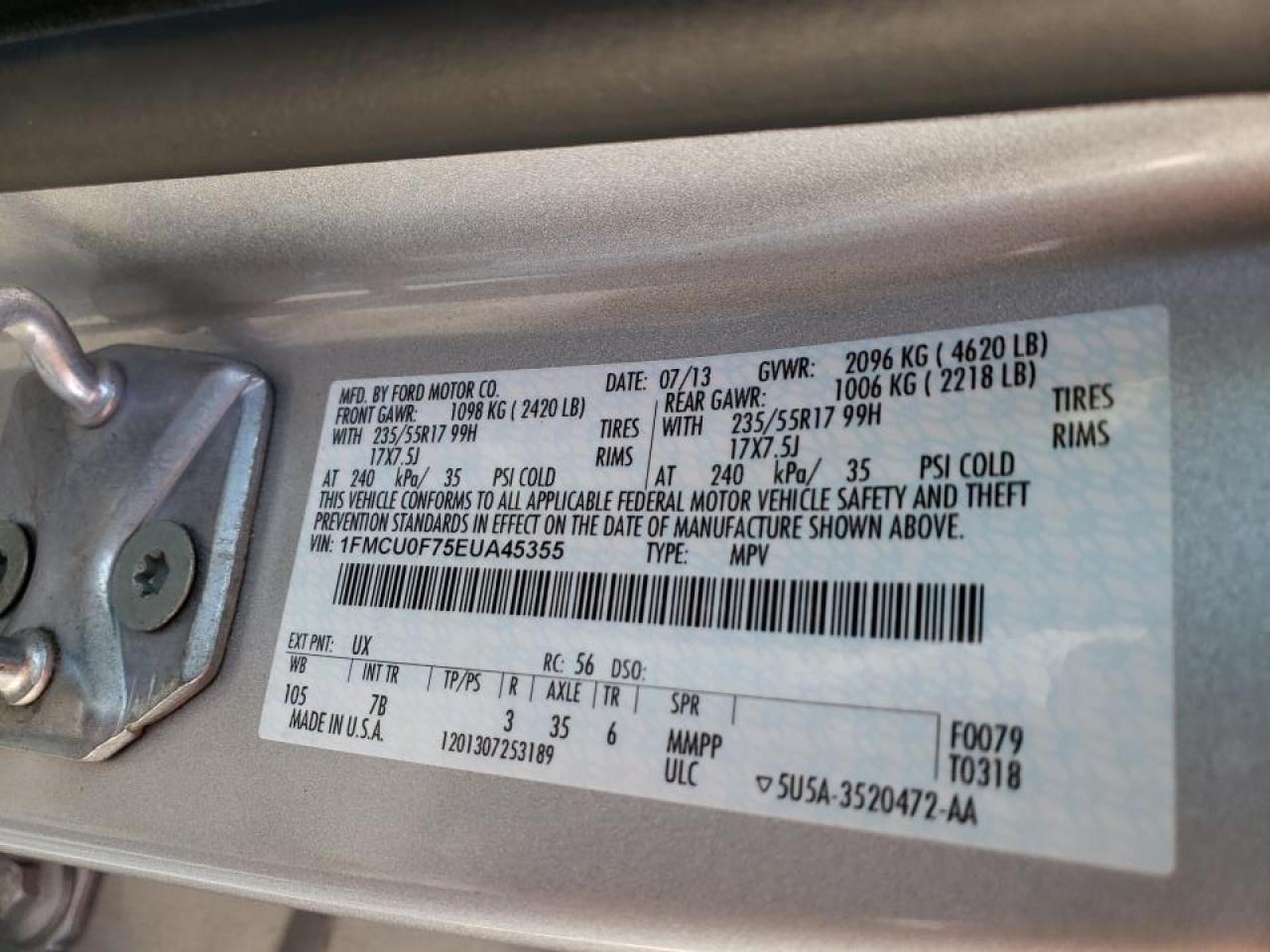 Photo 10 from auction – 2014 FORD ESCAPE S with VIN 1FMCU0F75EUA45355