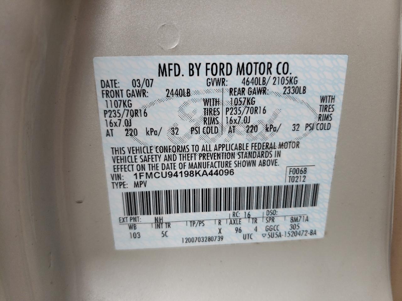 Photo 10 from auction – 2008 FORD ESCAPE with VIN 1FMCU94198KA44096