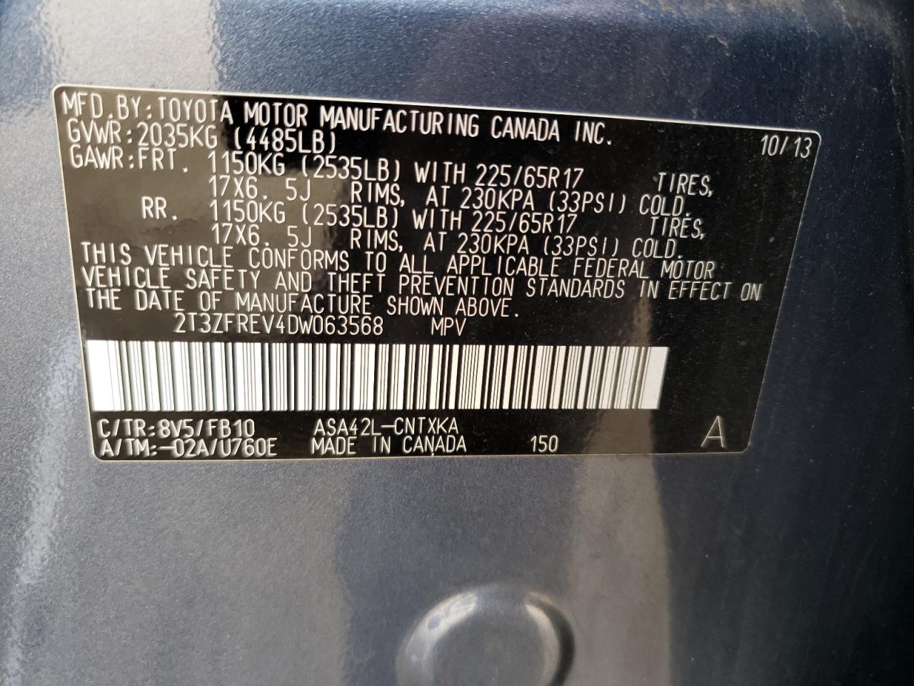 Photo 10 from auction – 2013 TOYOTA RAV4 LE with VIN 2T3ZFREV4DW063568