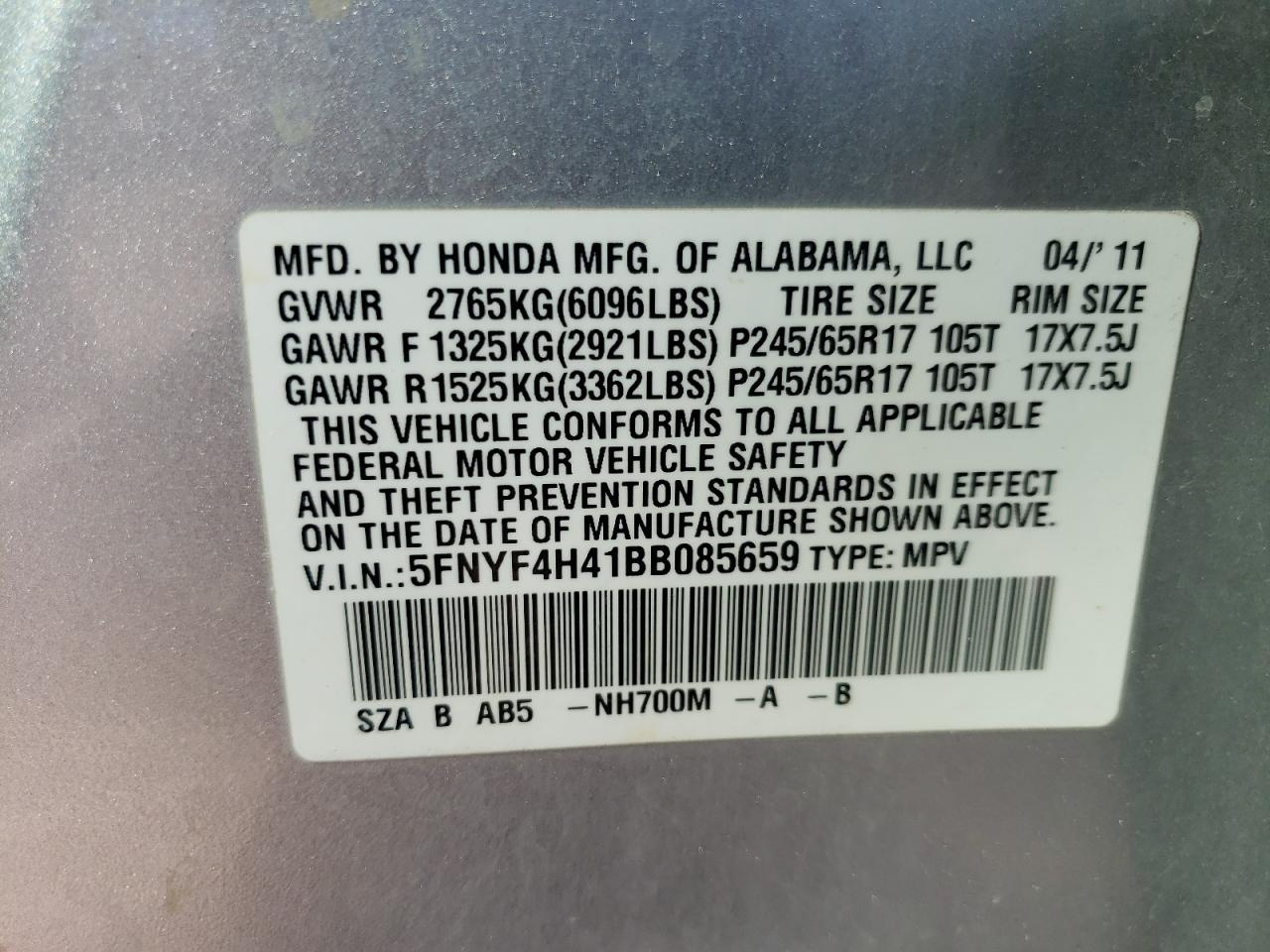 Photo 10 from auction – 2011 HONDA PILOT EX with VIN 5FNYF4H41BB085659