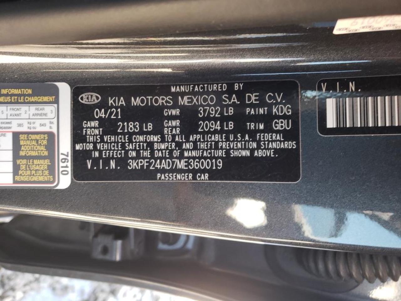 Photo 10 from auction – 2021 KIA FORTE FE with VIN 3KPF24AD7ME360019