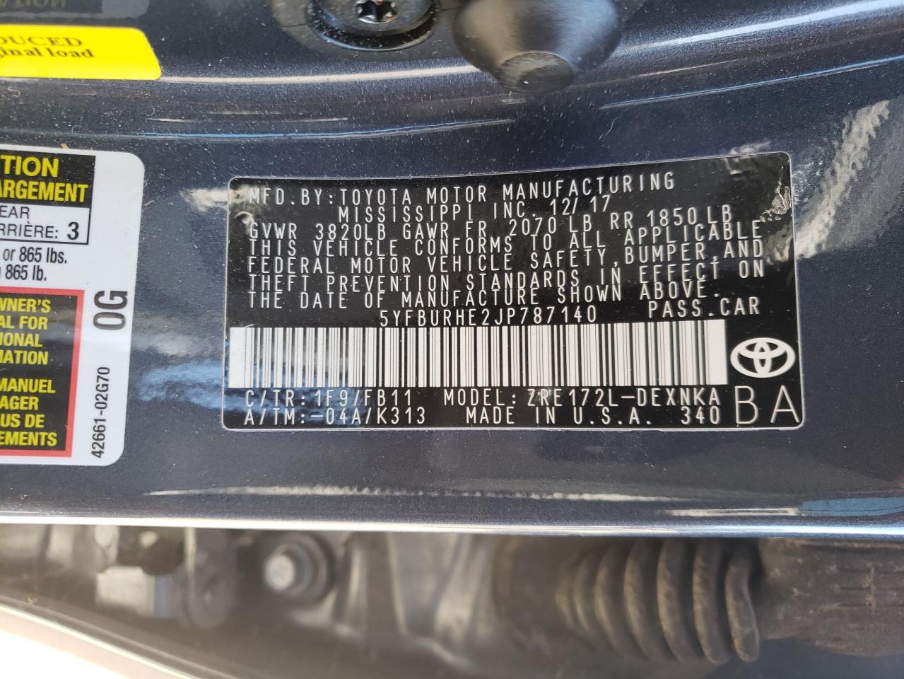 Photo 10 from auction – 2018 TOYOTA COROLLA L with VIN 5YFBURHE2JP787140