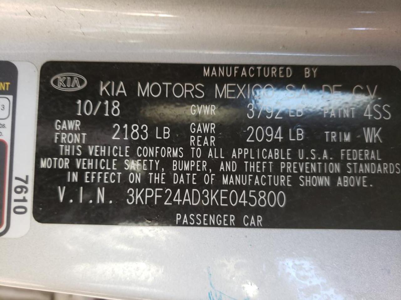 Photo 10 from auction – 2019 KIA FORTE FE with VIN 3KPF24AD3KE045800